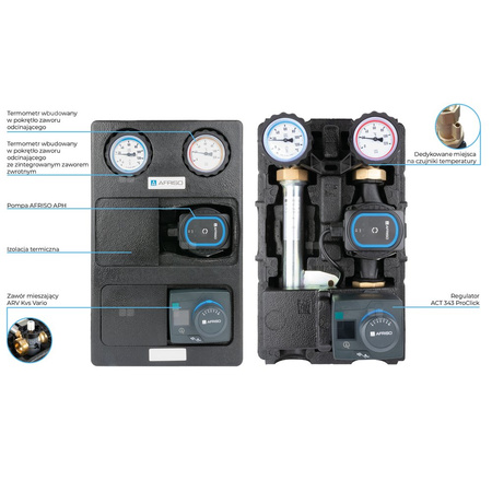 Grupa pompowa AFRISO PrimoTherm K 180-2 DN 25 AP 3-WM-R GZ x GW 1 1/2'' x 1'', z zaworem mieszającym, z izolacją, z pompą obiegową AFRISO APH 361 25-7/180 mm