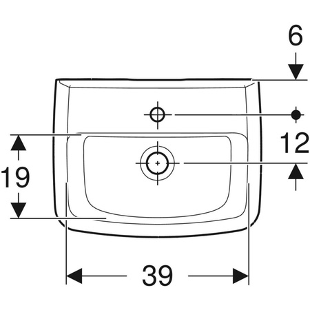 Umywalka mała Koło Rekord, kształt geometryczny: 45x34cm, Otwór na baterię=Na środku, Przelew=Widoczny, Biały