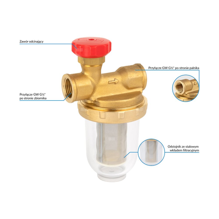 Filtr olejowy AFRISO V 1/2 - 500 St jednorurowy fi 1/2'' x 1/2'' GW x GW, z wkładem stalowym, maks. przepływ 500 l/h