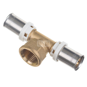 Trójnik QIK XPRT zaprasowywany, mosiądz 20mm x 1/2'' x 20mm (ZZ x GW x ZZ)