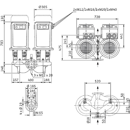 Pompa obiegowa WILO CronoTwin-DL-E 65/200-15/2-R1-IE4 typu in-line z silnikiem znormalizowanym 50/60 Hz, moc silnika 15kW 26.8 A 2900 obr/min, wlot Kołnierz DN 65