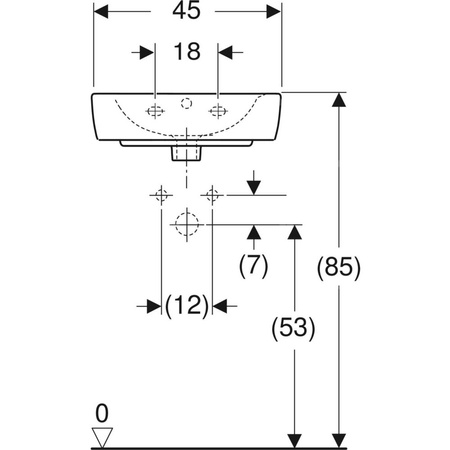 Umywalka mała Koło Rekord, kształt geometryczny: 45x34cm, Otwór na baterię=Na środku, Przelew=Widoczny, Biały