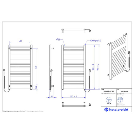 Grzejnik elektryczny (suszarka) INSTAL-PROJEKT VIKING ELECTRO, wym. 993/530 mm, kolor czarny mat,  moc 175 W