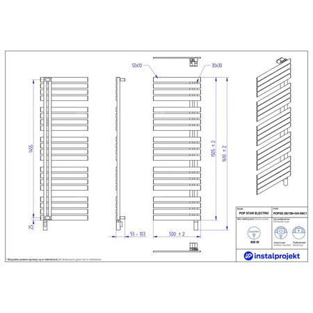 Grzejnik elektryczny Instal Projekt Pop Star Electro grafitowa struktura/graphite 50x150 cm POPSE-50/150C12+GH-06C2