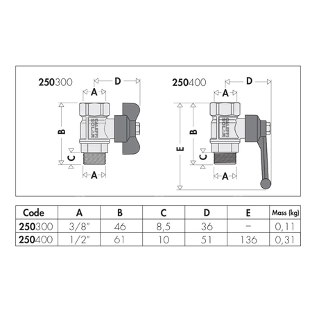Zawór odcinający z uszczelką 3/8" GZ x 3/8" GW