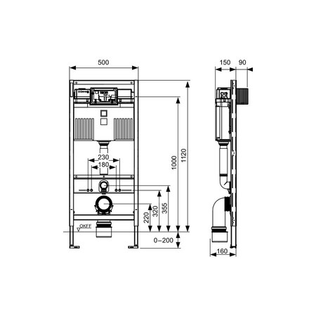 Stelaż podtynkowy do WC TECE profil, 1120 x 500 x 160 mm, regulowana wysokość, ze spłuczką