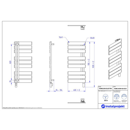 Grzejnik elektryczny (suszarka) INSTAL-PROJEKT NAMELESS ELECTRO, wym. 930 (1035 z grzałką)/400 mm, kolor czarny mat,  moc 300 W