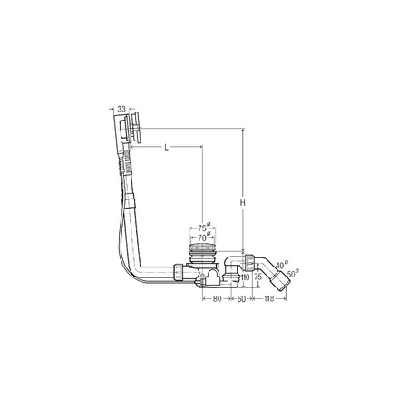 Multiplex Trio F-komplet odpływowo-przelewowy nr wzoru 6145.4 DN: 40/50 długość cięgna Bowdena: 560 L: 100–260 H: 180–350 wanna standardowa