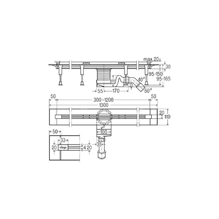 Odpływ prysznicowy prostokątny VIEGA 496520, 1200 x 110 x 95 mm, z syfonem