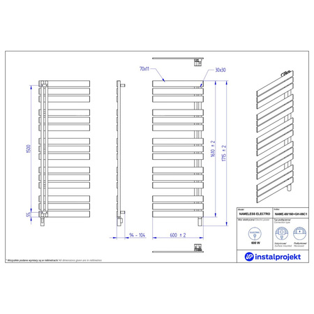 Grzejnik elektryczny (suszarka) INSTAL-PROJEKT NAMELESS ELECTRO, wym. 1610 (1715 z grzałką)/600 mm, kolor biały połysk,  moc 600 W