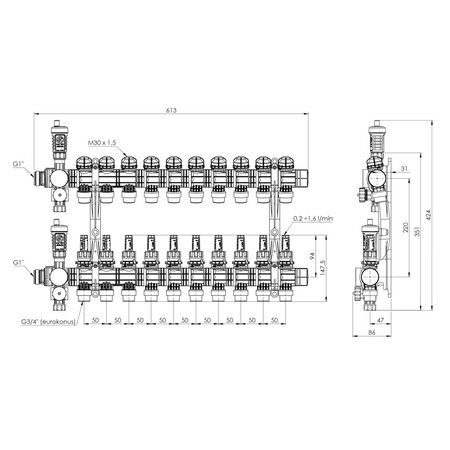 Rozdzielacz do ogrzewania podłogowego AFRISO ProCalida EF1 10-obieg. poliamid GZ 1'' x euroconus 3/4''