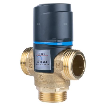 Zawór regulacyjny termostatyczny do wody ciepłej AFRISO ATM 561 ze śrubunkami mosiądz GZ 1'', DN 20, zakres temp. 20-43'C, Kvs 2.5 m3/h, maksymalna temperatura 90'C, maksymane ciśnienie 10 bar