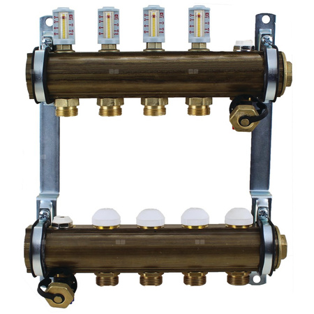 Rozdzielacz do ogrzewania podłogowego HERZ 8-obieg. mosiądz GW 1'' x GZ 3/4'' + przepływomierz + zawór napełn/spust + odpowietrznik