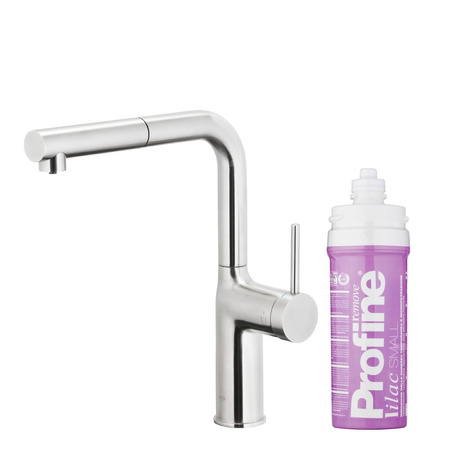 DUERO PURE MOVE PULL-OUT Bateria kuchenna z funkcją filtracji wody i wyciąganą wylewką, Stal nierdzewna + Zestaw filtrujący PROFINE Lilac S