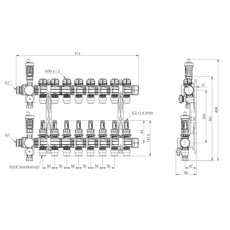 Rozdzielacz do ogrzewania podłogowego AFRISO ProCalida EF1 8-obieg. poliamid GZ 1'' x euroconus 3/4''
