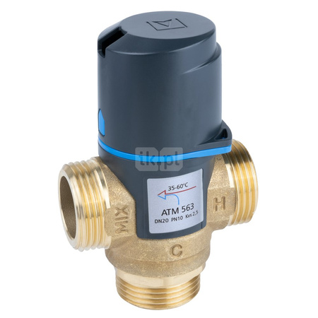Zawór regulacyjny termostatyczny do wody ciepłej AFRISO ATM 563 mosiądz GZ 1'', DN 20, zakres temp. 35-60'C, Kvs 2.5 m3/h, maksymalna temperatura 90'C, maksymane ciśnienie 10 bar