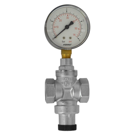 Regulator ciśnienia wody FERRO mosiądz (niklowany), GW 3/4'', 16 bar z manometrem