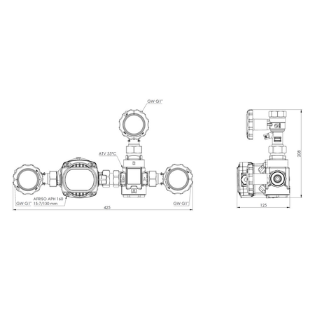 Grupa ochrony powrotu kotła BTA 110 AP z zaworem temperaturowym ATV, 3x GW G1'', 55 st. C, Kvs 6, AFRISO APH 15-7/130