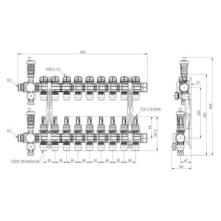 Rozdzielacz do ogrzewania podłogowego AFRISO ProCalida EF1 9-obieg. poliamid GZ 1'' x euroconus 3/4''