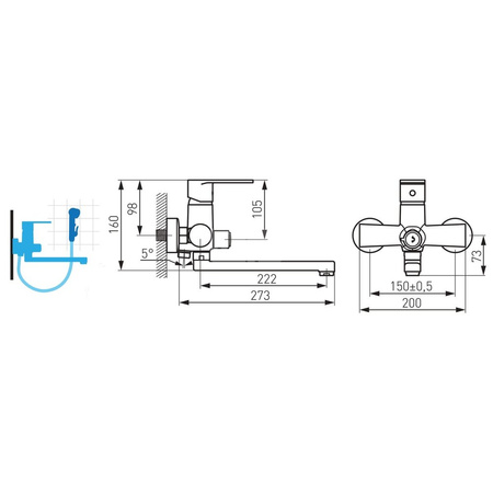 Bateria umywalkowa ścienna FERRO ALGEO, chrom, z przyłączem natrysku