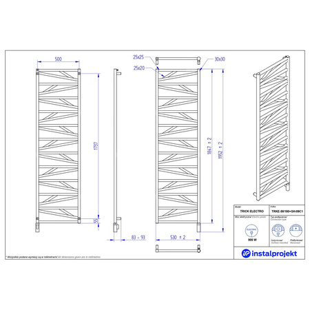 Grzejnik elektryczny (suszarka) INSTAL-PROJEKT TRICK ELECTRO, wym. 1847 (1952 z grzałką)/530 mm, kolor biały połysk,  moc 900 W
