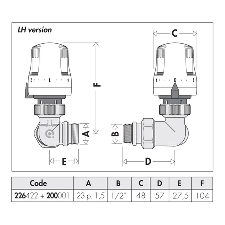 3-osiowy grzejnikowy zawór termostatyczny. Wykonanie lewe 1/2"