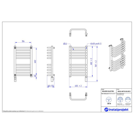 Grzejnik elektryczny (suszarka) INSTAL-PROJEKT BOLERO ELECTRO, wym. 682 (787 z grzałką)/400 mm, kolor biały połysk,  moc 300 W