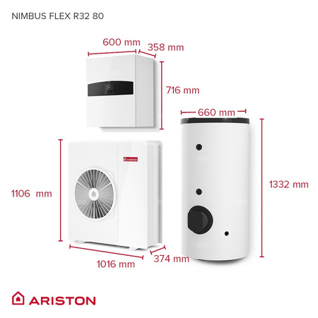 Pakiet - Pompa ciepła powietrzna powietrze-woda monoblok ARISTON NIMBUS FLEX M NET R32 7.4 kW 400 V + Moduł naścienny Sensys HD z łącznością Wi-FI + Zasobnik buforowy 200 l