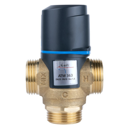 Zawór regulacyjny termostatyczny do wody ciepłej AFRISO ATM 363 ze śrubunkami mosiądz GZ 1'', DN 20, zakres temp. 35-60'C, Kvs 1.6 m3/h, maksymalna temperatura 90'C, maksymane ciśnienie 10 bar