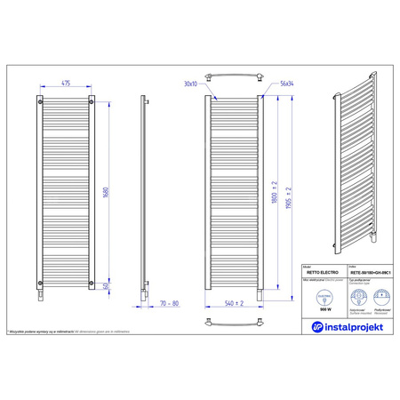 Grzejnik elektryczny (suszarka) INSTAL-PROJEKT RETTO ELECTRO, wym. 1800 (1905 z grzałką)/540 mm, kolor czarny mat,  moc 900 W