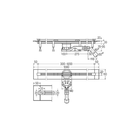 Odpływ prysznicowy prostokątny VIEGA 496610, 1300 x 110 x 70 mm, dł: 1200 mm, szer: 20 mm, z syfonem