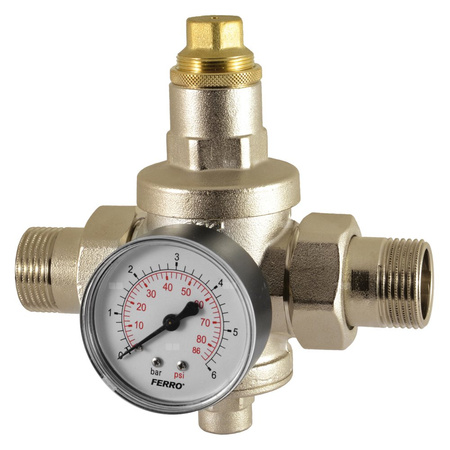 Regulator ciśnienia wody FERRO mosiądz, GZ 3/4'', 25 bar z manometrem