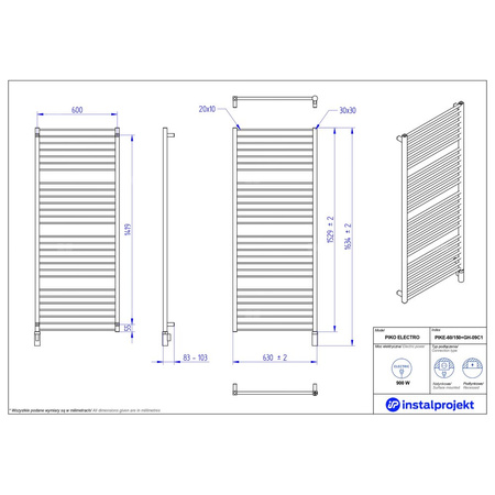 Grzejnik elektryczny (suszarka) INSTAL-PROJEKT PIKO ELECTRO, wym. 1529 (1634 z grzałką)/630 mm, kolor biały mat,  moc 900 W