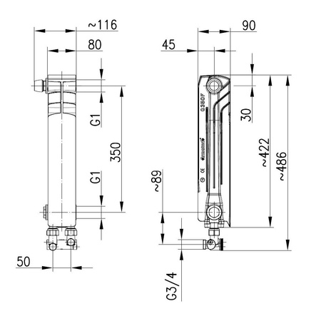 Grzejnik żeberkowy KFA Armatura G350F/D/1 aluminium, podłączenie dolne, lewe, kątowe 422 x 80 mm, kolor biały (RAL 9010)