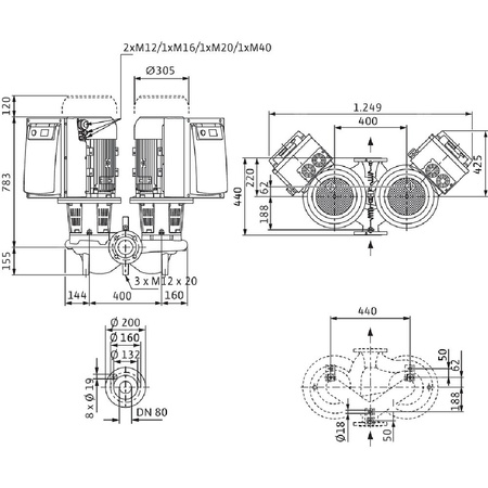 Pompa obiegowa WILO CronoTwin-DL-E 80/170-15/2 IE4 typu in-line z silnikiem znormalizowanym 50/60 Hz, moc silnika 15kW 26.8 A 2900 obr/min, wlot Kołnierz DN 80