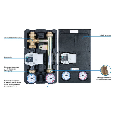 Grupa pompowa AFRISO PrimoTherm K 180-3 DN 25 GW 1'' x 1'', z zaworem mieszającym, z zaworem termostatycznym, z izolacją, z pompą obiegową Wilo Para SC 25/6
