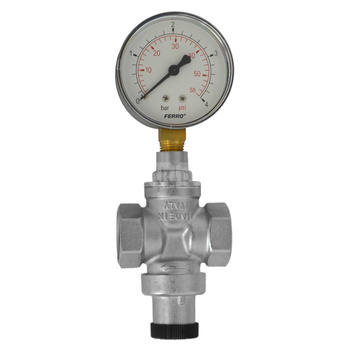 Regulator ciśnienia wody FERRO mosiądz (niklowany), GW 3/4'', 16 bar z manometrem