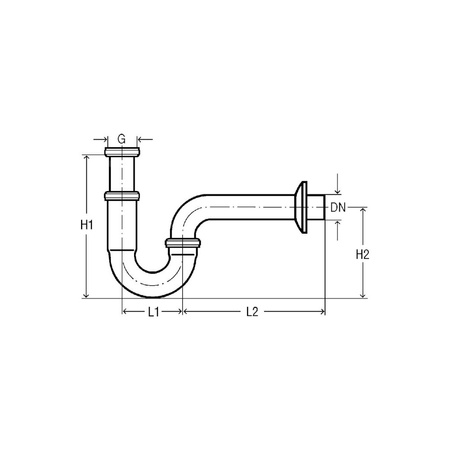 Syfon rurowy mosiądz chrom., nr wzoru 5611 G: 1¼ d: 38 L1: 85 L2: 200 H1: 160–220 H2: 125