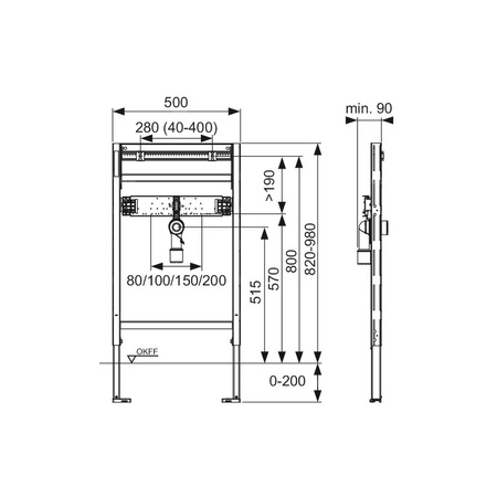 TECEprofil - stelaż montażowy pod umywalkę, wysokość montażowa 820 - 980 mm