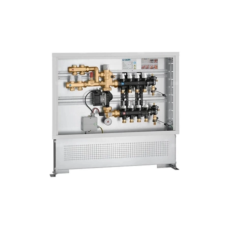 Zespół regulacyjny – regulacja stałotemperaturowa. Wstępnie zmontowany w skrzynce inspekcyjnej. 7 wyjść. Dodatkowy rozdzielacz obiegu pierwotnego z dwoma wyjściami.