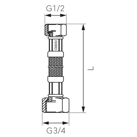 Wąż przyłączeniowy elastyczny FERRO z oplotem (stal), GW x GW, 1/2'' x 3/4'', długość 30 mm