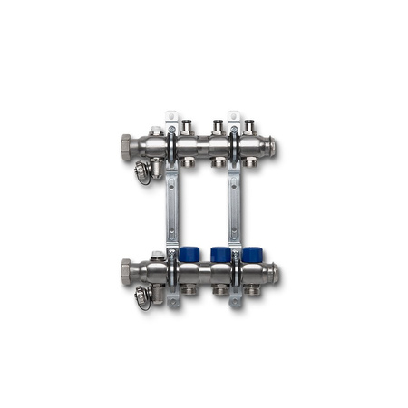 Rozdzielacz ze stali nierdzewnej. Wkładki termostatyczne na powrocie, uchwyt ścienny i zawór spustowy. 6