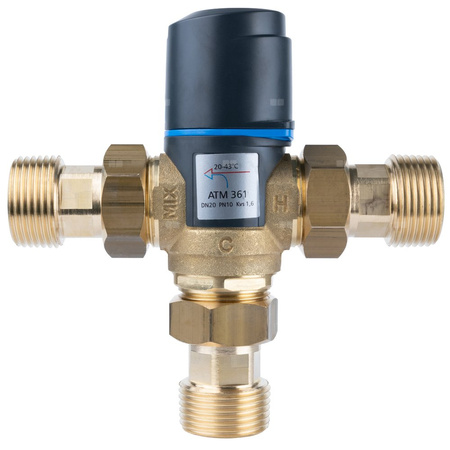 Zawór regulacyjny termostatyczny do wody ciepłej AFRISO ATM 361 ze śrubunkami mosiądz GZ 1'', DN 20, zakres temp. 20-43'C, Kvs 1.6 m3/h, maksymalna temperatura 90'C, maksymane ciśnienie 10 bar