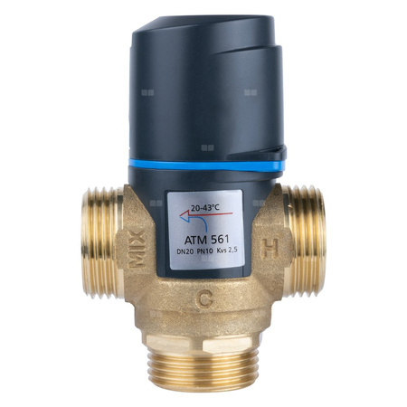 Zawór regulacyjny termostatyczny do wody ciepłej AFRISO ATM 561 ze śrubunkami mosiądz GZ 1'', DN 20, zakres temp. 20-43'C, Kvs 2.5 m3/h, maksymalna temperatura 90'C, maksymane ciśnienie 10 bar