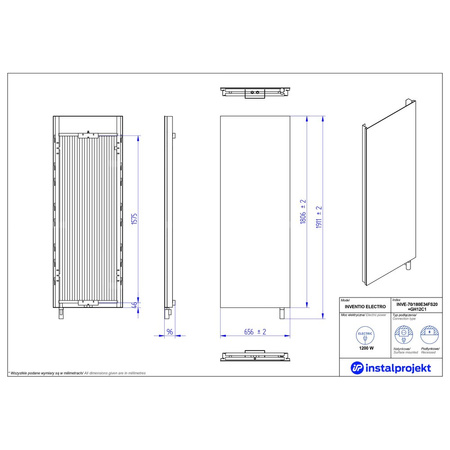 Grzejnik elektryczny (suszarka) INSTAL-PROJEKT INVENTIO ELECTRO, wym. 1806 (1911 z grzałką)/656 mm, moc 1200 W