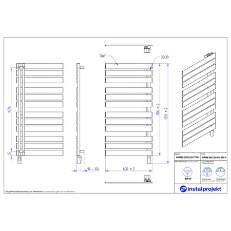 Grzejnik elektryczny (suszarka) INSTAL-PROJEKT NAMELESS ELECTRO, wym. 1186 (1291 z grzałką)/600 mm, kolor biały połysk,  moc 600 W