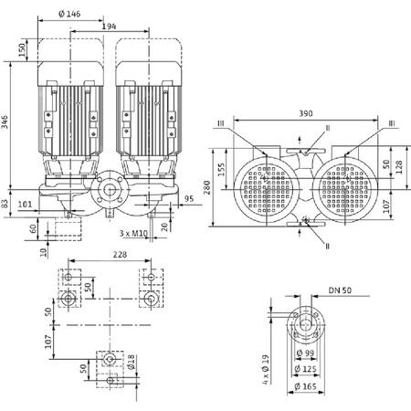 Pompa obiegowa WILO VeroTwin-DPL 50/105-0,75/2-IE3 typu in-line z silnikiem znormalizowanym 50 Hz, moc silnika 0.75kW 1.84 A 2900 obr/min, wlot Kołnierz DN 50