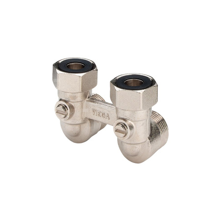 Moduł przyłączeniowy kątowy VIEGA 10975 mosiądz (niklowanie) 3/4'' zewnętrzne x 3/4'' Eurokonus, rozstaw 50 mm do grzejników