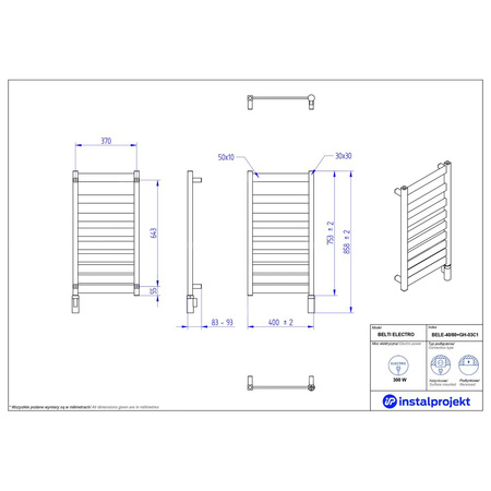 Grzejnik elektryczny (suszarka) INSTAL-PROJEKT BELTI ELECTRO, wym. 753 (858 z grzałką)/400 mm, kolor czarny,  moc 300 W