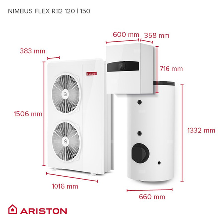 Pakiet - Pompa ciepła powietrze-woda split ARISTON NIMBUS FLEX 120 S-T NET R32 9.5 kW 400 V + Moduł naścienny SENSYS HD + Moduł komunikacji internetowej (aplikacja Ariston Net)